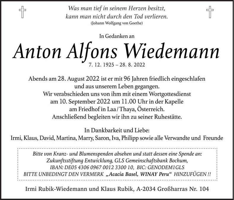 Traueranzeige Anton Alfons Wiedemann