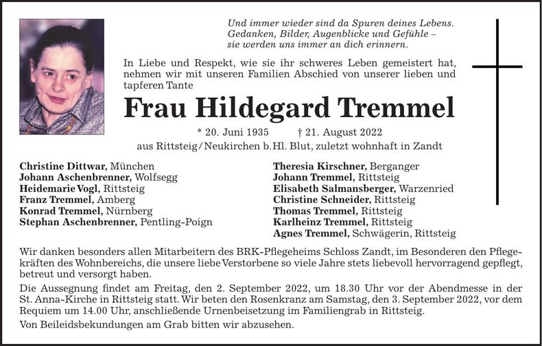 Traueranzeige Hildegard Tremmel