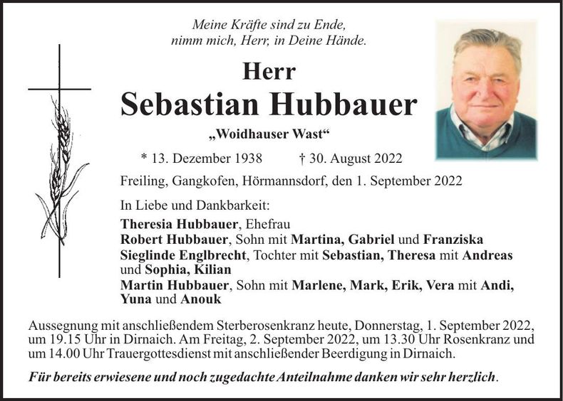 Traueranzeige Sebastian Hubbauer