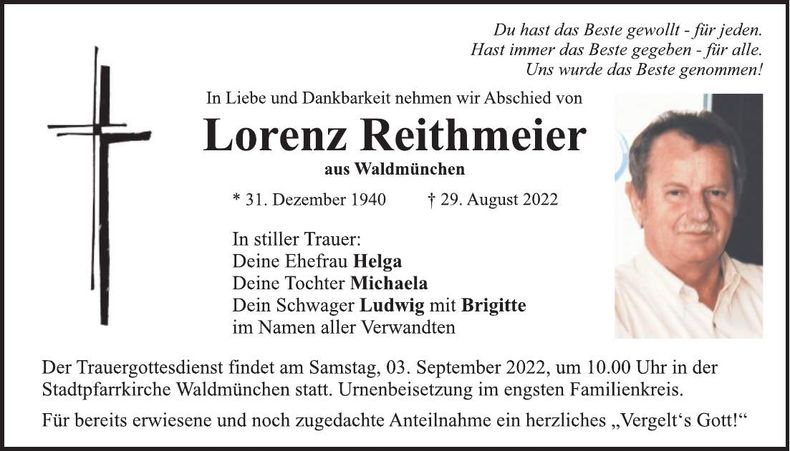 Traueranzeige Lorenz Reithmeier