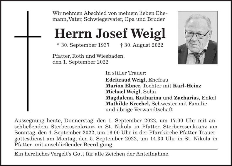 Traueranzeige Josef Weigl