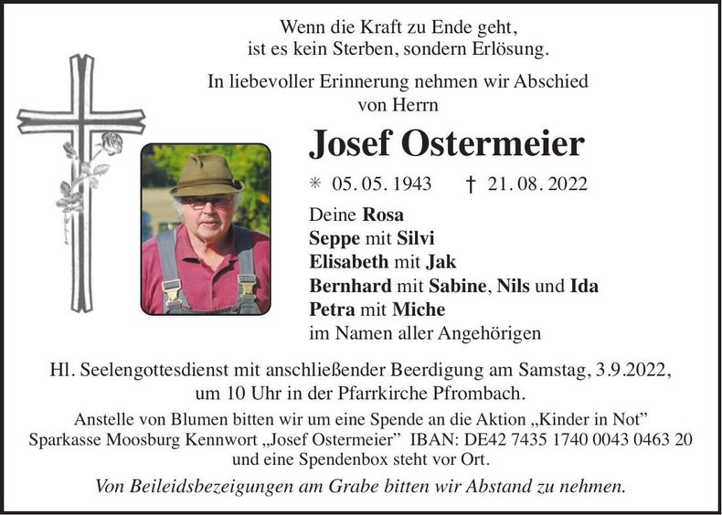 Traueranzeige Josef Ostermeier