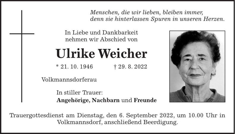 Traueranzeige Ulrike Weicher