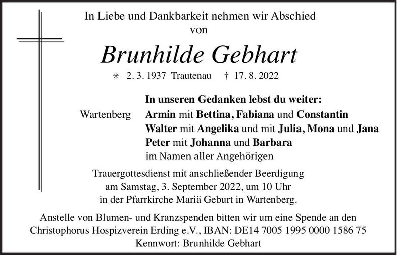 Traueranzeige Brunhilde Gebhart