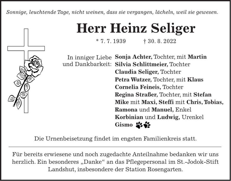 Traueranzeige Heinz Seliger
