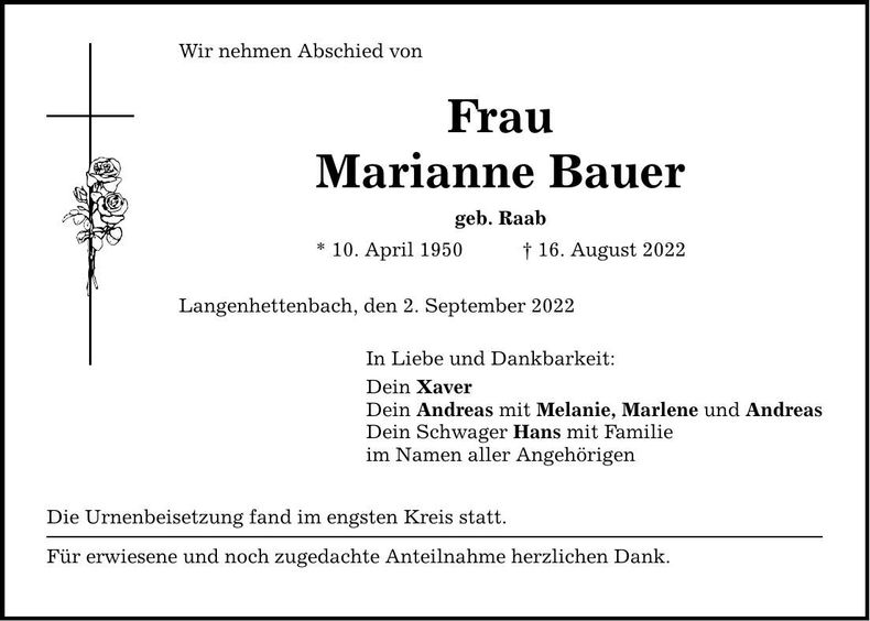 Traueranzeige Marianne Bauer
