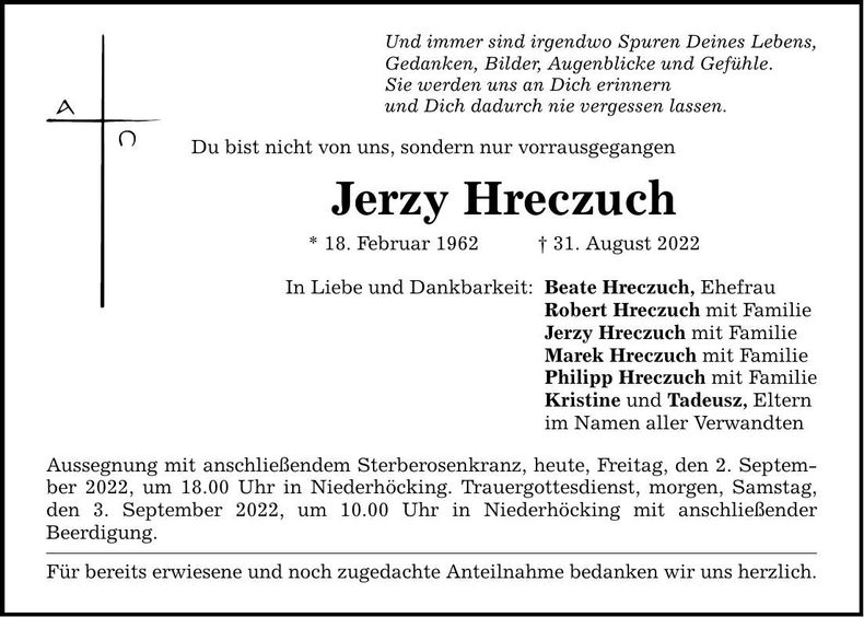 Traueranzeige Jerzy Hreczuch