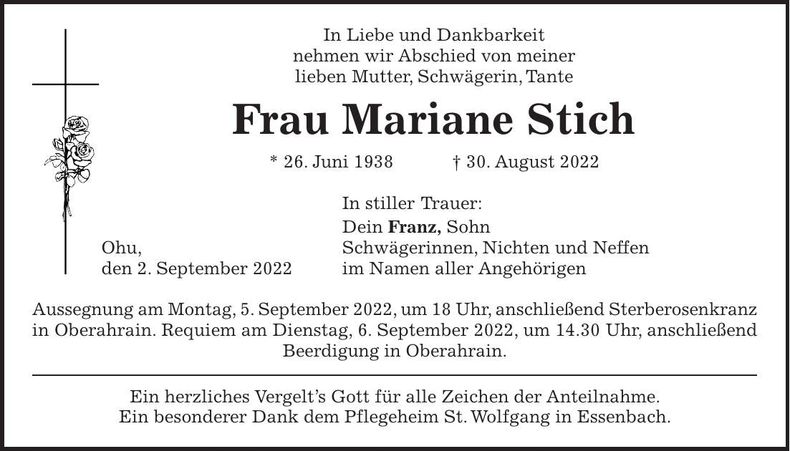 Traueranzeige Mariane Stich