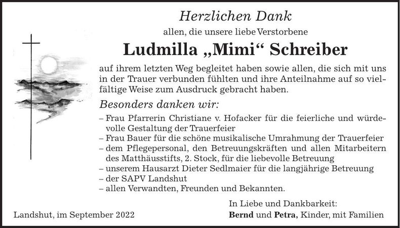 Traueranzeige Ludmilla "Mimi" Schreiber