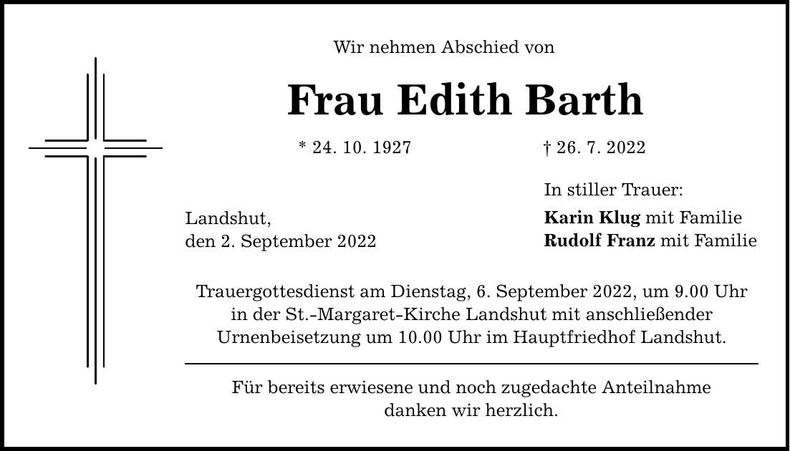 Traueranzeige Edith Barth
