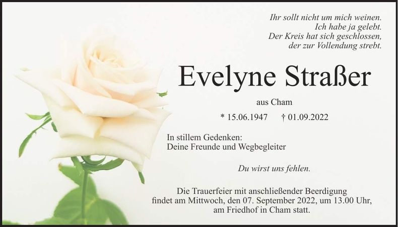 Traueranzeige Evelyne Straßer