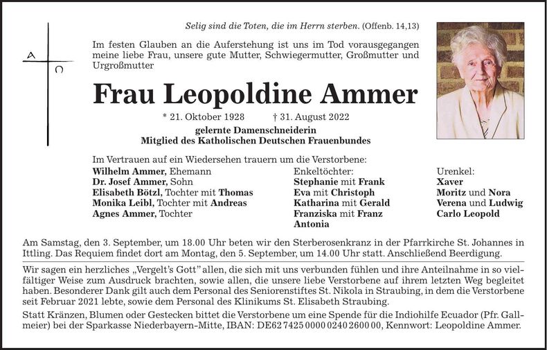 Traueranzeige Leopoldine Ammer