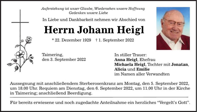 Traueranzeige Johann Heigl