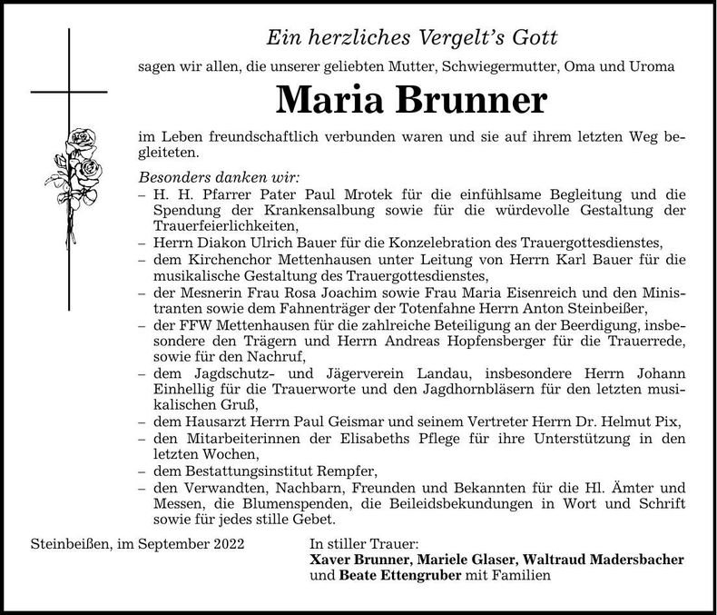 Traueranzeige Maria Brunner