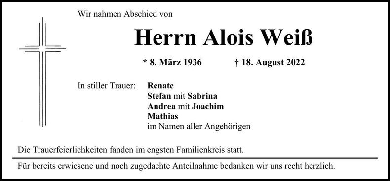 Traueranzeige Alois Weiß