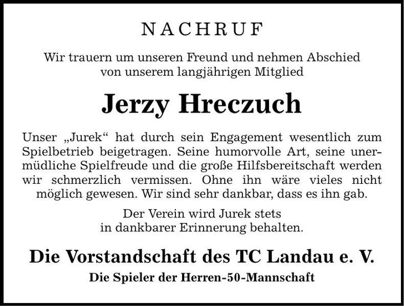 Traueranzeige Jerzy Hreczuch