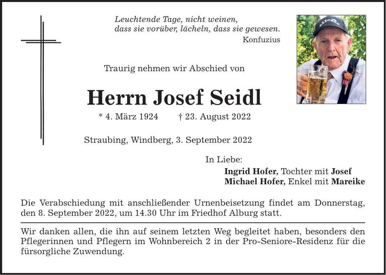 Traueranzeige Josef Seidl