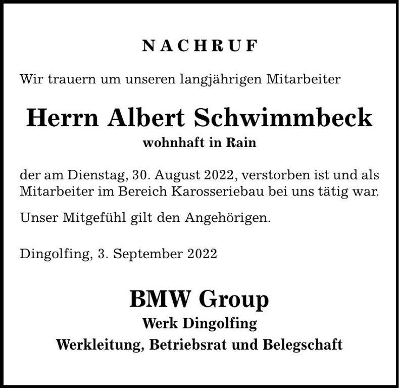 Traueranzeige Albert Schwimmbeck