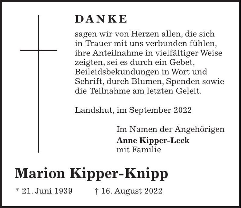 Traueranzeige Marion Kipper-Knipp