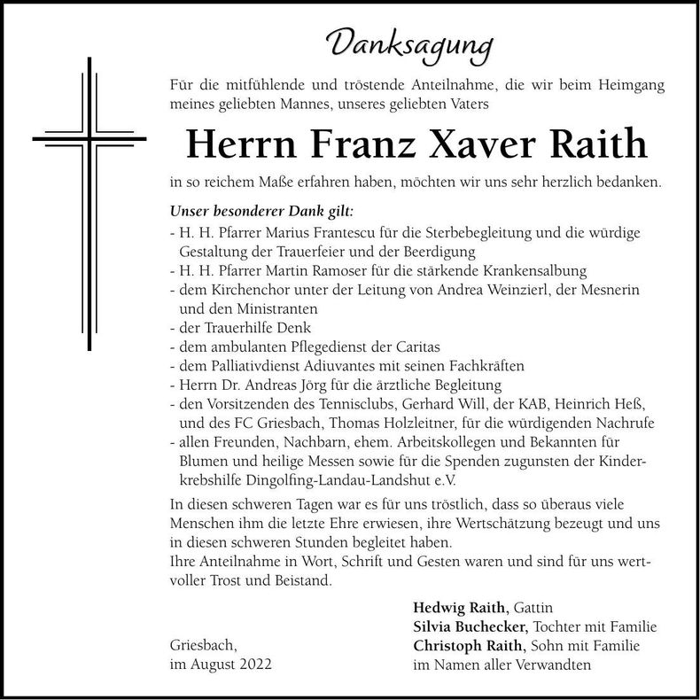 Traueranzeige Franz Xaver Raith