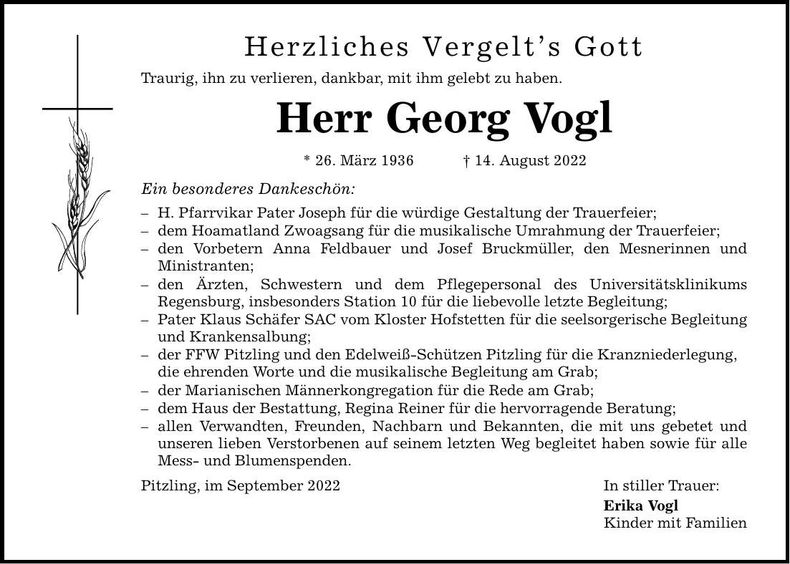 Traueranzeige Georg Vogl