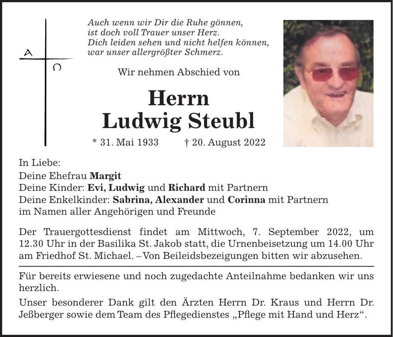 Traueranzeige Ludwig Steubl