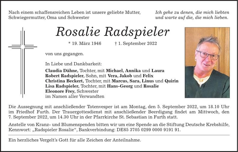 Traueranzeige Rosalie Radspieler