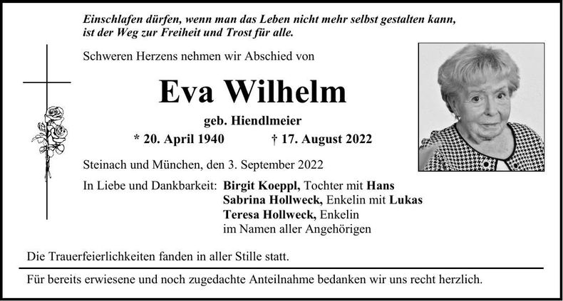 Traueranzeige Eva Wilhelm