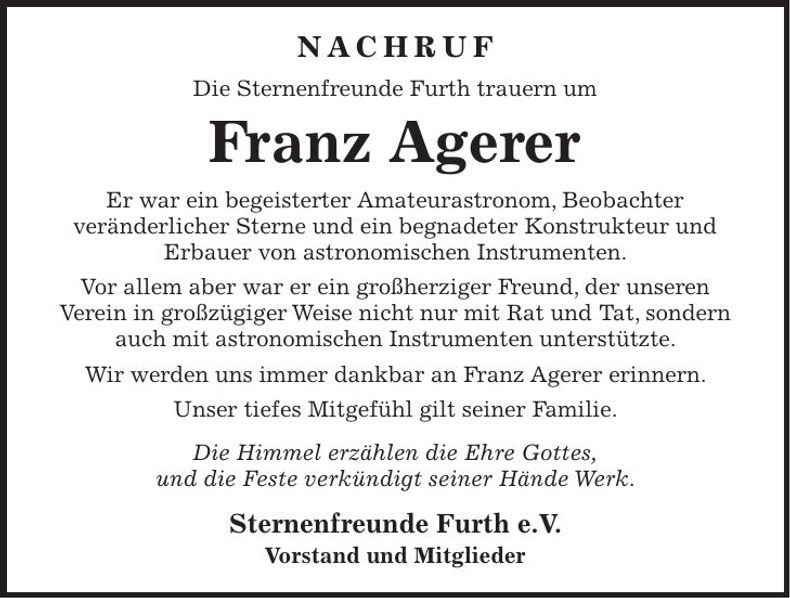 Traueranzeige Franz Agerer