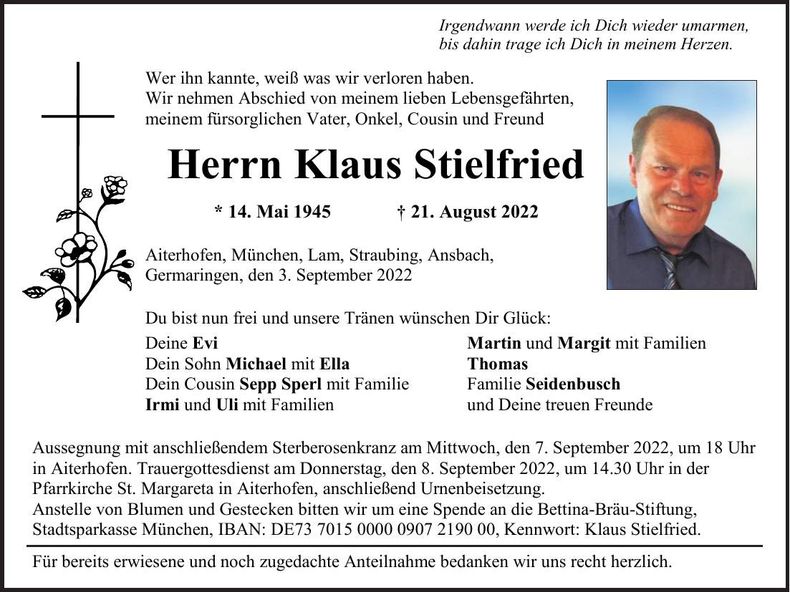 Traueranzeige Klaus Stielfried