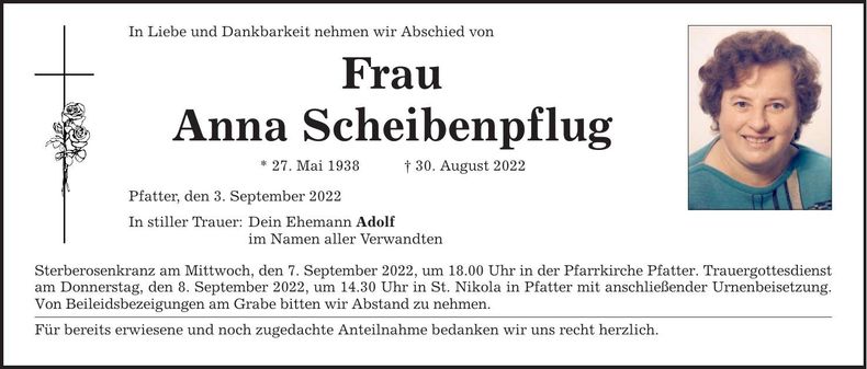 Traueranzeige Anna Scheibenpflug