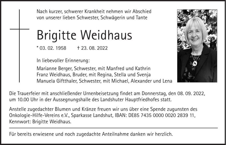 Traueranzeige Brigitte Weidhaus