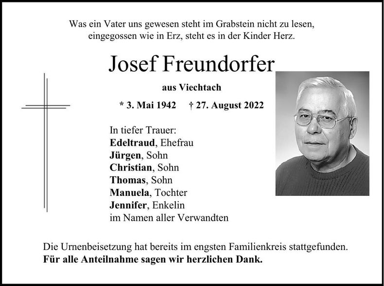 Traueranzeige Josef Freundorfer