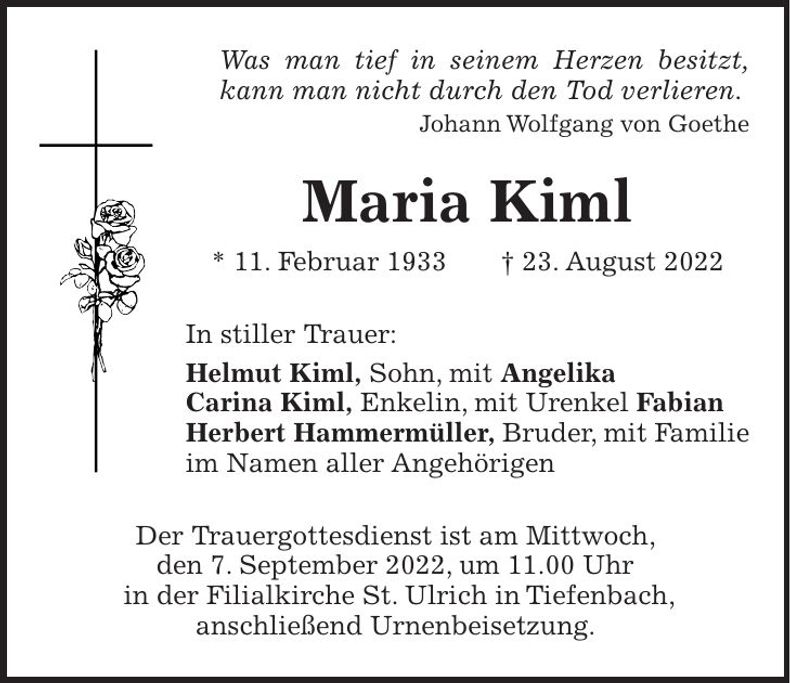 Traueranzeige Maria Kiml