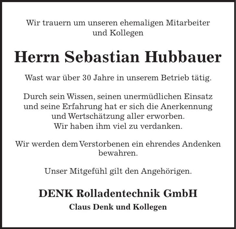 Traueranzeige Sebastian Hubbauer