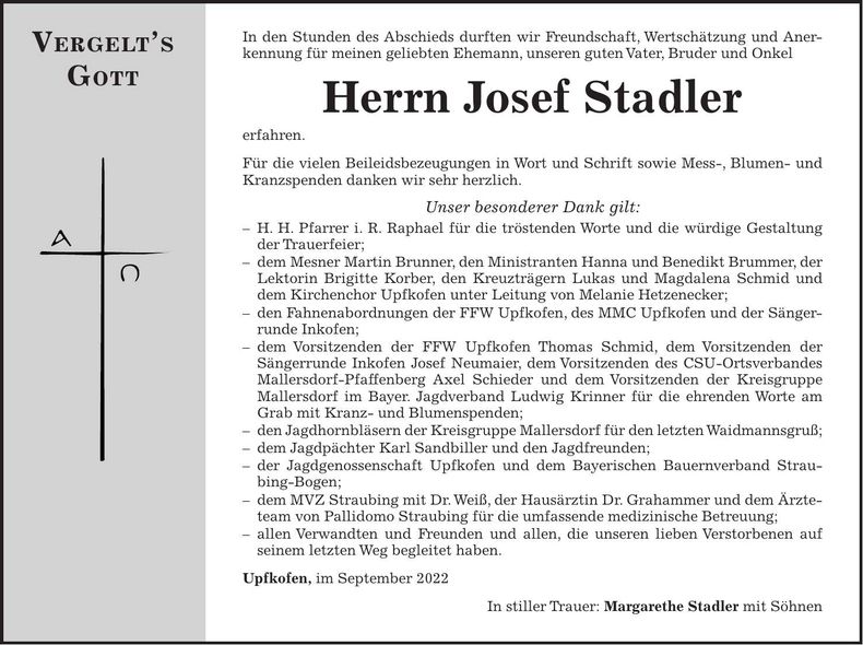 Traueranzeige Josef Stadler