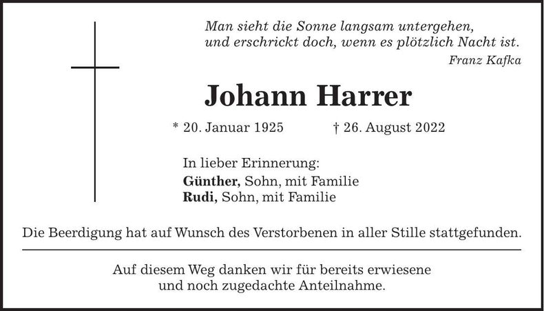 Traueranzeige Johann Harrer