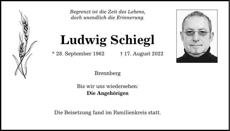 Traueranzeige Ludwig Schiegl
