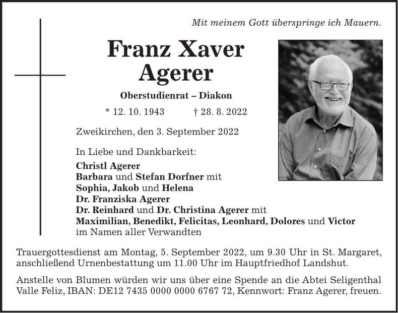 Traueranzeige Franz Xaver Agerer