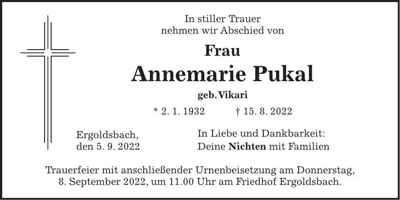 Traueranzeige Annemarie Pukal
