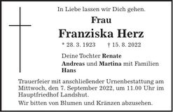 Traueranzeige Franziska Herz