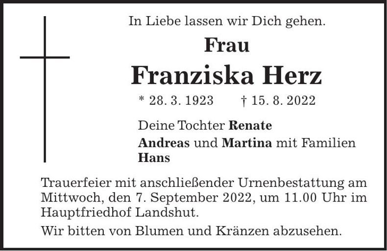 Traueranzeige Franziska Herz