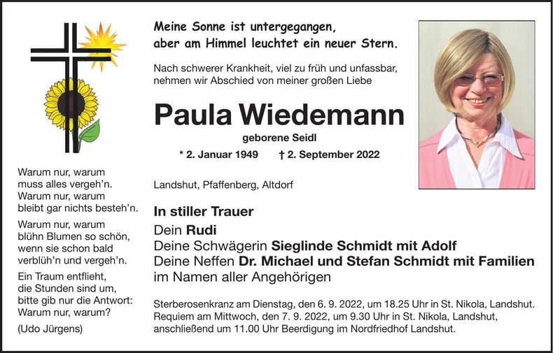 Traueranzeige Paula Wiedemann