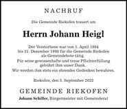 Traueranzeige Johann Heigl