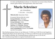 Traueranzeige Maria Schreiner