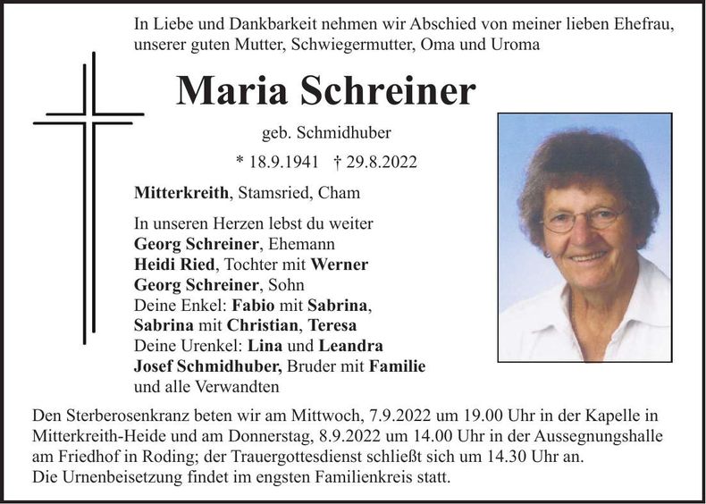 Traueranzeige Maria Schreiner