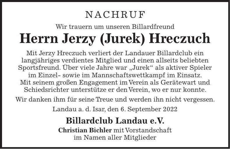 Traueranzeige Jerzy Hreczuch