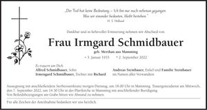 Traueranzeige Irmgard Schmidbauer