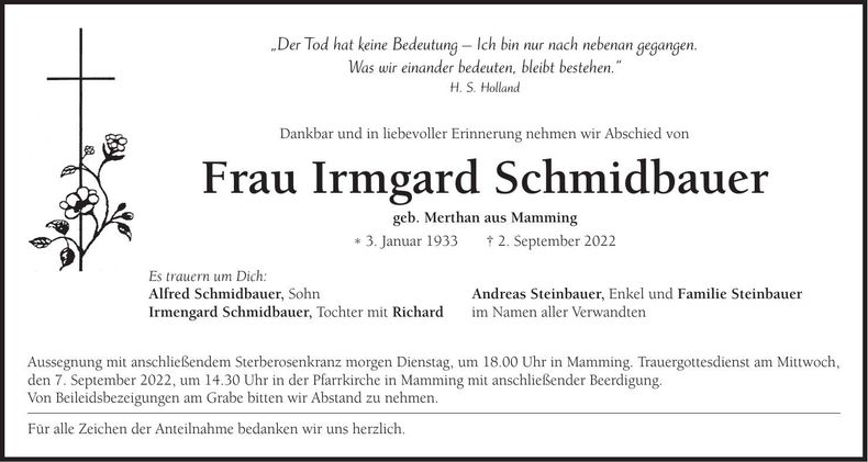 Traueranzeige Irmgard Schmidbauer