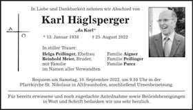 Traueranzeige Karl Häglsperger